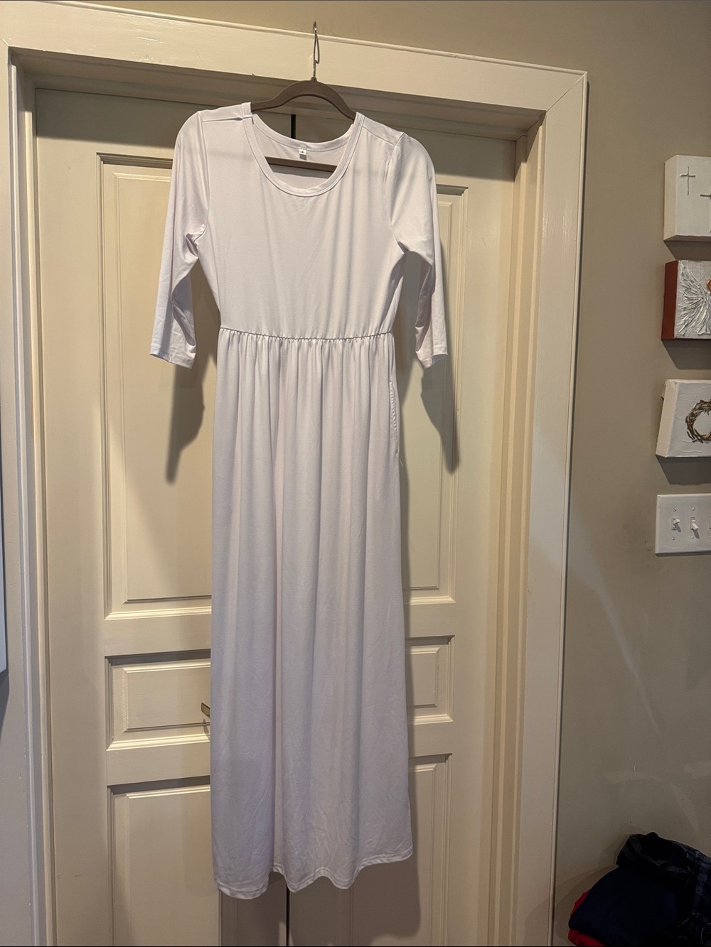 Women's White Long Sleeve Maxi Dress with Elastic Waist